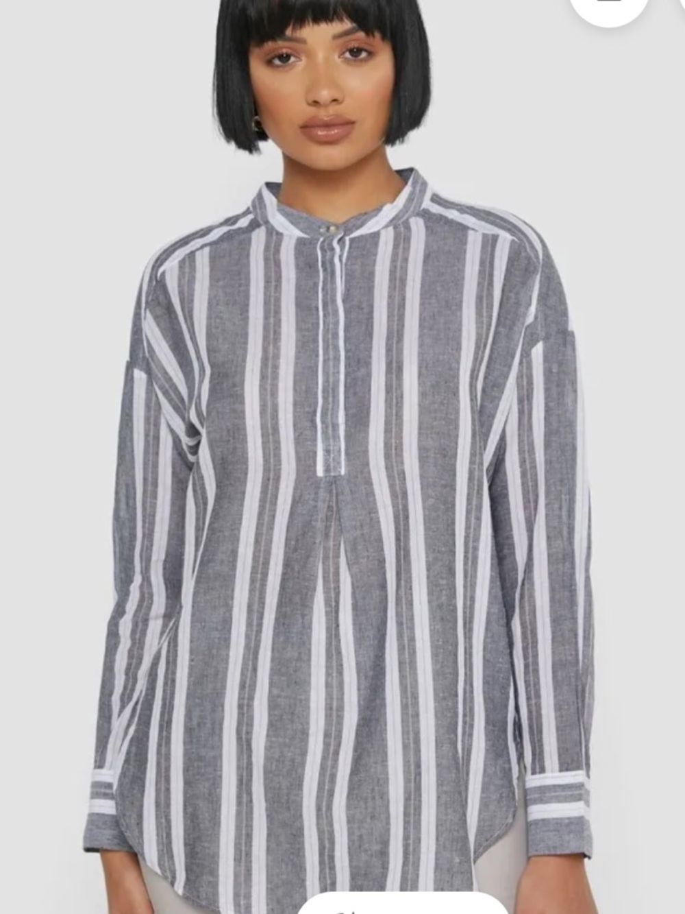 Banana Republic Gray & White Vertical Stripe Split-Neck Blouse